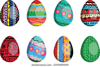 A vibrant vector illustration of decorative Easter eggs with intricate patterns and bright colors. Perfect for holiday cards, festive designs, seasonal decor, and digital projects celebrating Easter.