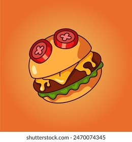 Vibrant vector illustration of a delicious burger, featuring juicy beef patty, fresh lettuce, ripe tomatoes, melted cheese, and savory condiments sandwiched between golden sesame seed buns. Every det