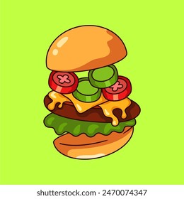 Vibrant vector illustration of a delicious burger, featuring juicy beef patty, fresh lettuce, ripe tomatoes, melted cheese, and savory condiments sandwiched between golden sesame seed buns. Every det