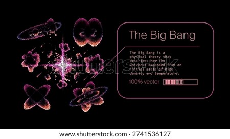 Vibrant vector illustration depicting the Big Bang as an explosive central burst of light surrounded by colorful particle clusters, glowing nebulae-like shapes, and symmetrical cosmic forms in neon pink, purple, orange, and blue hues against a pure black background, symbolizing the universe's origin and rapid expansion. Conceptual vector illustration for Big Bang theory, cosmology, universe origin, high-energy physics themes.