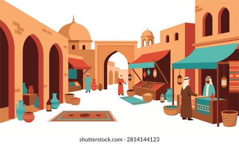 Vibrant vector illustration depicting a bustling middle eastern marketplace with traditional architecture merchant stalls and people shopping for artisan goods