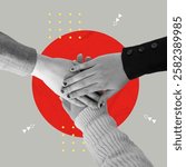 A vibrant vector illustration depicting diverse hands coming together in unity, representing teamwork and collaboration, designed in a modern collage style.