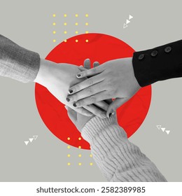 A vibrant vector illustration depicting diverse hands coming together in unity, representing teamwork and collaboration, designed in a modern collage style.