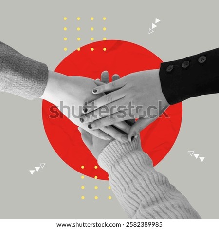 A vibrant vector illustration depicting diverse hands coming together in unity, representing teamwork and collaboration, designed in a modern collage style.