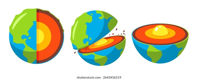 Vibrant vector illustration depicting Earth's internal layers, including crust, mantle, outer core, and inner core.