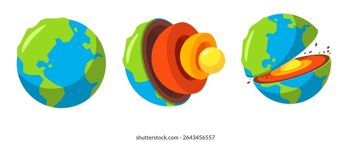 Vibrant vector illustration depicting Earth's layers, including crust, mantle, outer core, and inner core, in a detailed cross-sectional view.