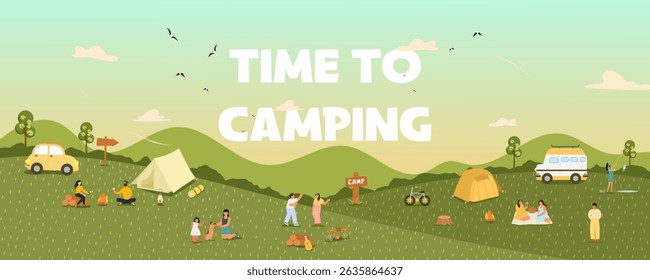 A vibrant Vector illustration depicting families engaged in various camping activities in a picturesque natural landscape.