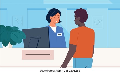 A vibrant vector illustration depicting a female medical professional in a blue uniform smiling and assisting a male patient at a hospital or clinic reception desk. 