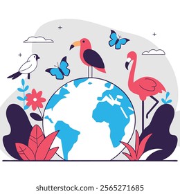 A vibrant vector illustration depicting a globe teeming with colorful tropical wildlife. Ideal for educational materials, websites, presentations, 