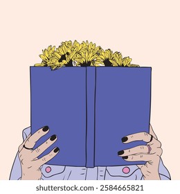 A vibrant vector illustration depicting a pair of hands gracefully holding a blue book overflowing with bright yellow flowers.