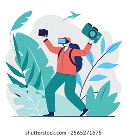 Vibrant vector illustration depicting a person wearing a VR headset, immersed in a colorful tropical paradise. Ideal for websites, 