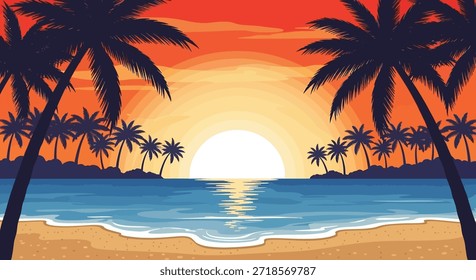 A vibrant vector illustration depicting a stunning tropical beach at sunset. Silhouetted palm trees frame the scene, casting long shadows on the sandy shore. The ocean reflects the warm hues of the