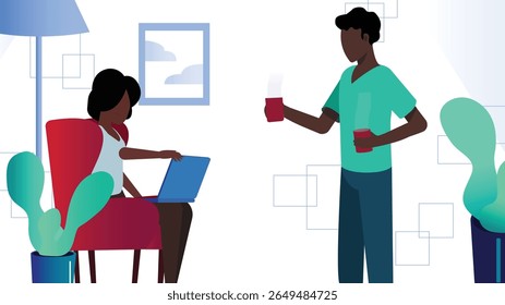
Uma ilustração vetorial vibrante que representa dois indivíduos envolvidos em trabalho remoto, destacando a colaboração moderna e os ambientes de trabalho flexíveis.