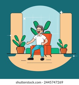A vibrant vector illustration depicts a contented man seated on a cozy sofa, radiating joy through his relaxed posture and cheerful expression.
