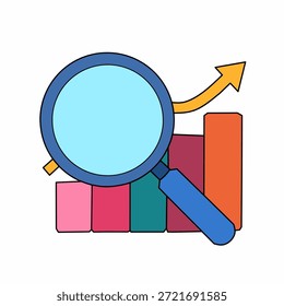 Una Ilustración vectorial vibrante representa una lupa azul Grande que inspecciona de cerca un gráfico de barras de colores con barras de color naranja, púrpura, verde, rosa y marrón en ascenso, coronadas por una flecha ascendente amarilla audaz, que simboliza un análisis detallado del crecimiento del negocio