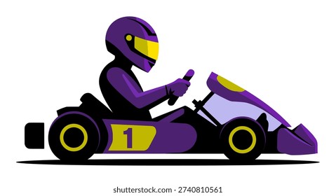 A vibrant vector illustration depicts a racer in a purple helmet and suit, skillfully driving a go-kart with the number one, against a clean white background, emphasizing speed and competition.