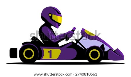 A vibrant vector illustration depicts a racer in a purple helmet and suit, skillfully driving a go-kart with the number one, against a clean white background, emphasizing speed and competition.