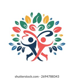 Una Ilustración vectorial vibrante representa a dos personas formando un árbol con hojas de colores, simbolizando el crecimiento, la comunidad y la conexión aislados sobre fondo blanco.