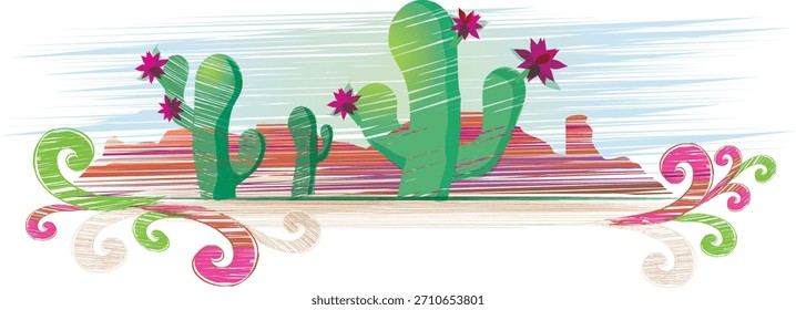 Uma ilustração vetorial vibrante de uma paisagem desértica com saguaro cacti com flores rosa florescentes. A arte inclui três cactos verdes estilizados ou cactos com montanhas coloridas em camadas .