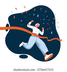 Vibrant vector illustration: determined runner triumphantly breaks the finish line tape amidst celebratory confetti, symbolizing achievement, success, and goal completion.