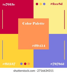 Lebendige Vektorgrafik mit einer vielfältigen Farbpalette mit Hexadezimalcodes. Umfasst Rot-, Orange-, Gelb- und Lilatöne. Perfekt für Design, Kunst und kreative Projekte.