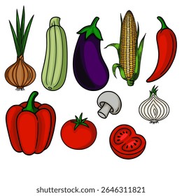 Vibrant vector illustration of a diverse collection of hand-drawn vegetables, including zucchini, eggplant, corn, chili pepper, onion, garlic, bell pepper, tomato, and mushroom, showcasing a lively...