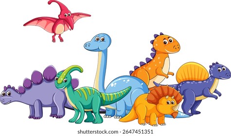 Vibrant vector illustration of diverse dinosaurs in a playful, cartoon style. Bright colors and dynamic composition enhance visual appeal