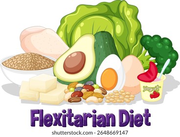 Vibrant vector illustration of diverse flexitarian diet foods, including vegetables, grains, and proteins, with a playful style