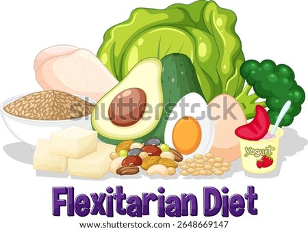Vibrant vector illustration of diverse flexitarian diet foods, including vegetables, grains, and proteins, with a playful style