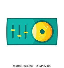 Una vibrante Ilustración vectorial de equipos de DJ en alegre estilo de dibujos animados. Un animado festival de música o celebración con un ambiente alegre. Café de música o decoración del club