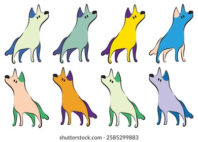 A vibrant vector illustration of dogs in line art with bold colorful fills. Perfect for posters, branding, apparel, packaging, pet products, stickers, web design, and modern artistic compositions