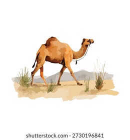 Vibrant vector illustration of a dromedary camel walking through an arid desert landscape with mountains. Ideal for travel, wildlife, or Middle East themes.