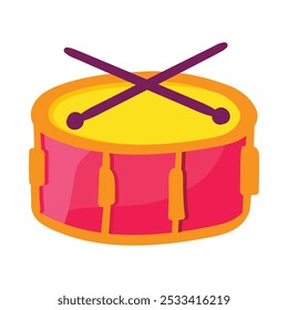 Una vibrante Ilustración vectorial de un tambor con baquetas en alegre estilo de dibujos animados. Un animado festival de música o celebración con un ambiente alegre. Café de música o decoración del club