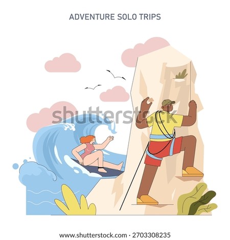 Vibrant vector illustration of a duo journeying on solo adventures. A woman skillfully surfs a wave, while a man confidently climbs a rock. Perfect for travel and adventure themes.