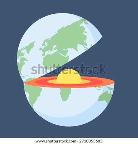 Vibrant vector illustration of Earth's layers, showing crust, mantle, outer core, and inner core in a detailed cross-section, perfect for geography, science education, and Earth structure concepts.