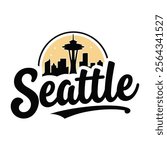 A vibrant vector illustration of an emblem featuring the iconic Space Needle alongside the Seattle skyline, capturing the essence of this famous landmark and urban landscape