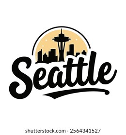 A vibrant vector illustration of an emblem featuring the iconic Space Needle alongside the Seattle skyline, capturing the essence of this famous landmark and urban landscape