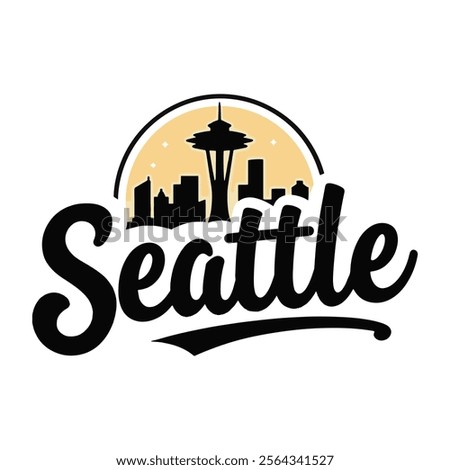 A vibrant vector illustration of an emblem featuring the iconic Space Needle alongside the Seattle skyline, capturing the essence of this famous landmark and urban landscape