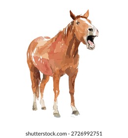 Ilustración vectorial vibrante de un expresivo caballo marrón con la boca abierta, capturando un momento dinámico. Ideal para diseños de temática animal, proyectos agrícolas y contenido ecuestre.