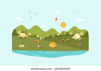 A vibrant Vector illustration of families enjoying a camping adventure with tents, biking, and playing by the lake under the sun.