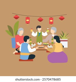 A vibrant vector illustration of a family celebrating Chinese New Year in the Year of the Dragon, featuring a dragon dance, glowing lanterns, red envelopes, and festive decorations