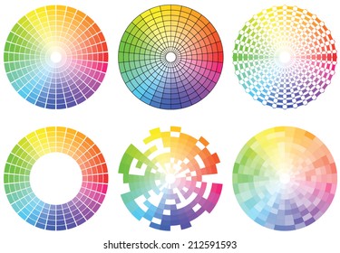 Vibrant vector illustration features a collection of diverse color wheels, visually representing color theory, harmony, and various color models for design purposes.