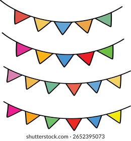 A vibrant vector illustration features colorful bunting flags with a bold black outline, perfect for adding a festive and celebratory touch to any design. Ideal for party invitations, decorations,