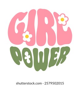 Vibrant vector illustration features the empowering phrase Girl Power in groovy lettering, surrounded by colorful flowers inscribed within a circle. Perfect for celebrating femininity and strength.