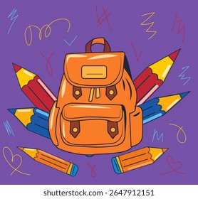 A vibrant vector illustration features an orange school backpack centered among a variety of colorful pencils. This artwork highlights the excitement of school supplies and learning