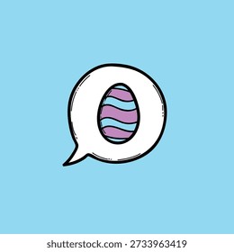 A vibrant vector illustration features a pastel-colored Easter egg inside a bold white speech bubble on a sky-blue backdrop. Perfect for spring, holidays, messaging, and social media visuals.