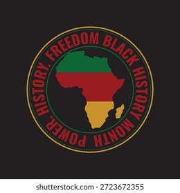 Una vibrante Ilustración vectorial que presenta el continente africano coloreado en el tema del Mes de la Historia Negra, rodeado por un borde circular con un texto empoderador, sobre un elegante fondo negro.