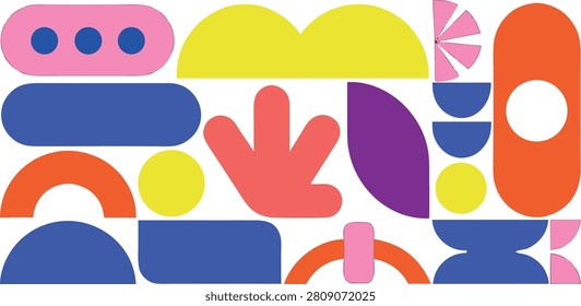 A vibrant vector illustration featuring an arrangement of abstract geometric shapes in a variety of bold colors.