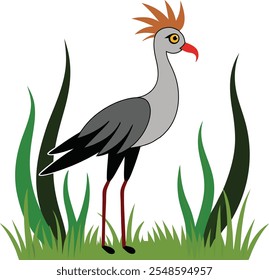 A vibrant vector illustration featuring a beautiful bird perched gracefully on lush green grass. This artwork captures nature's charm with intricate details and vivid colors