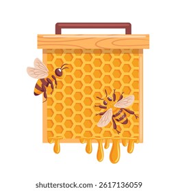 A vibrant vector illustration featuring bees buzzing around honeycombs. The intricate hexagonal patterns of the honeycomb are highlighted, showcasing the industrious nature of bees and the beauty of